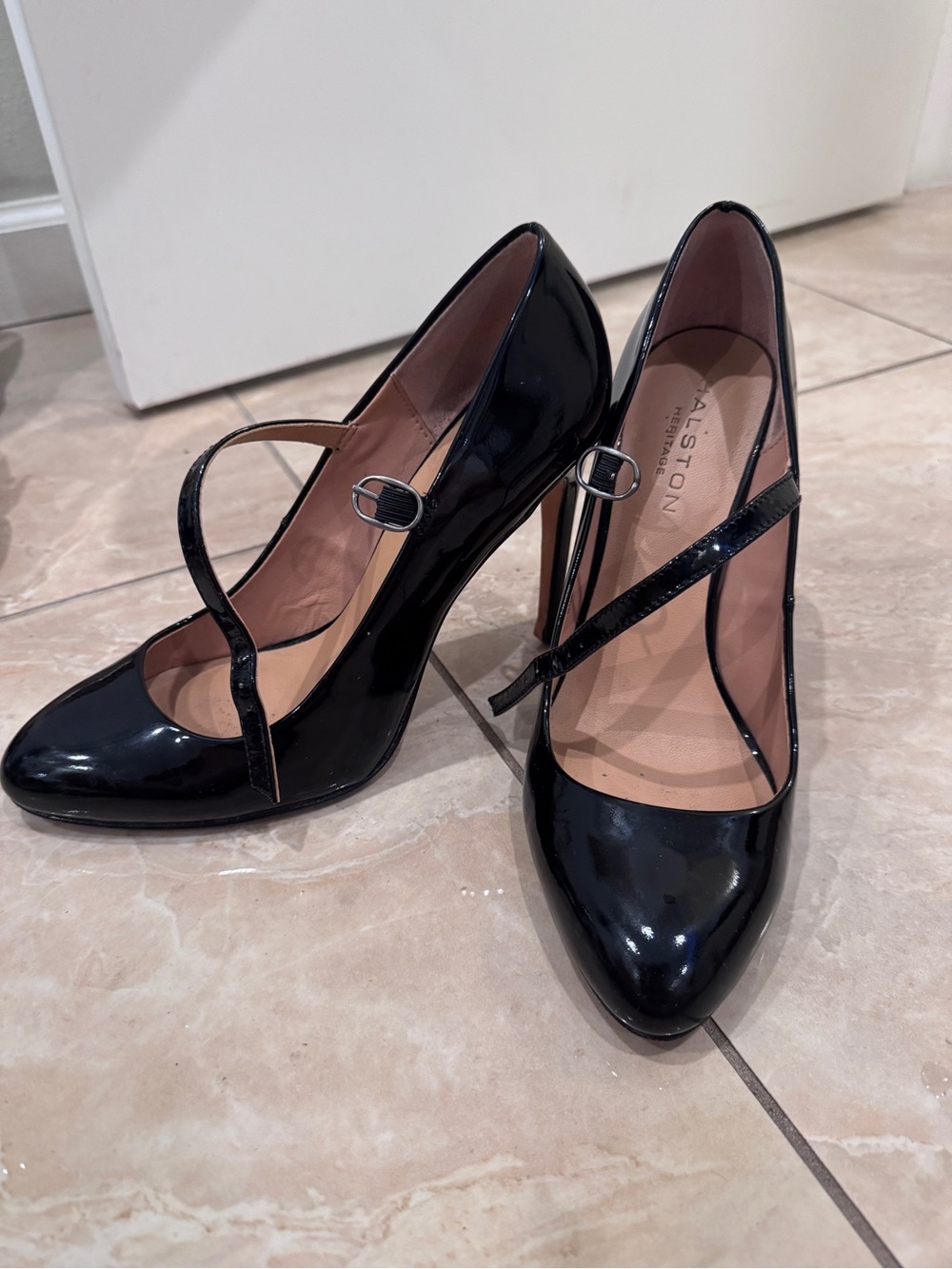 Halston Heritage Black Patent Mary Jane Pumps with Cross Strap